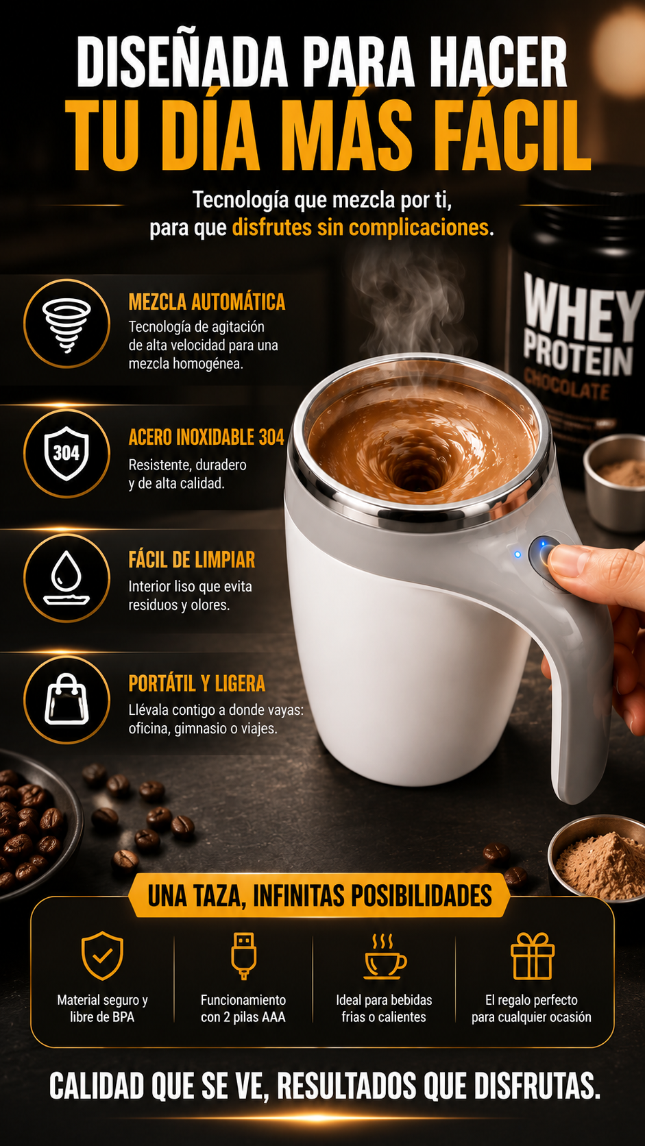 Taza Mezclador Eléctrico, Vaso Batidor Chocolatera